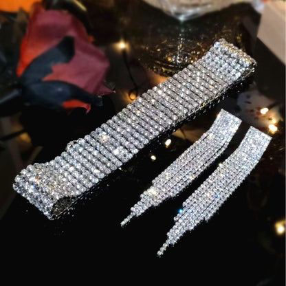 欧美跨境 奢华闪亮项链耳环两件套 豹纹新娘水钻首饰套装颈链饰品