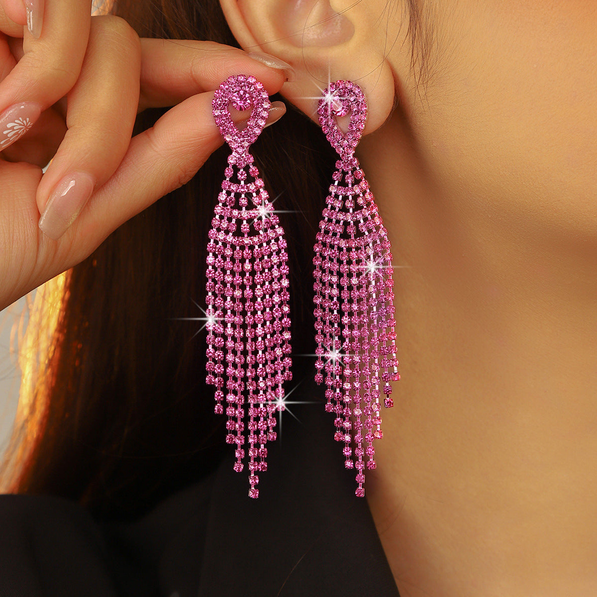 亚马逊爆款  时尚长款流苏耳环女 水钻耳环镶钻耳钉耳饰 全铜材质