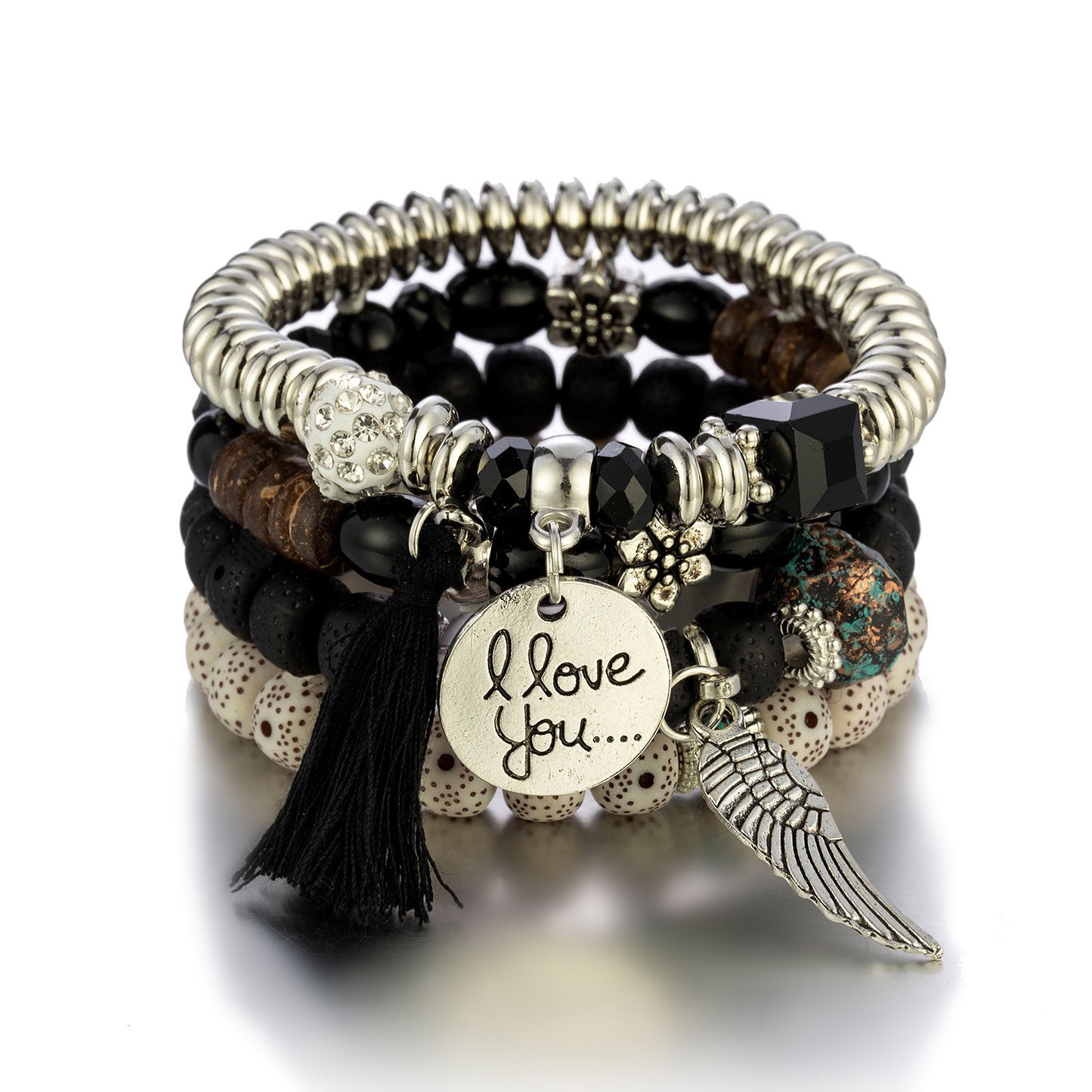 Boho Multi-Layer Stackable Beaded Stretch Bracelet, Bohemian Wrap Bracelet with Tassel & "I Love You" Charm