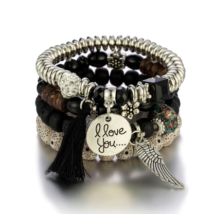 Boho Multi-Layer Stackable Beaded Stretch Bracelet, Bohemian Wrap Bracelet with Tassel & "I Love You" Charm