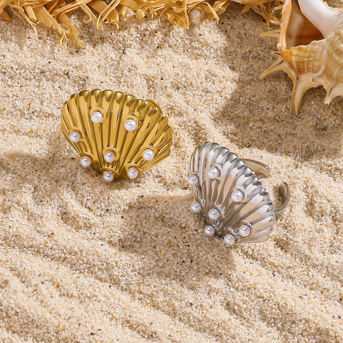 麦芽饰品欧美不锈钢钛钢戒指珍珠贝壳扇贝开口戒指环时尚轻奢手饰