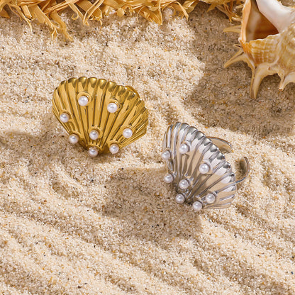 麦芽饰品欧美不锈钢钛钢戒指珍珠贝壳扇贝开口戒指环时尚轻奢手饰