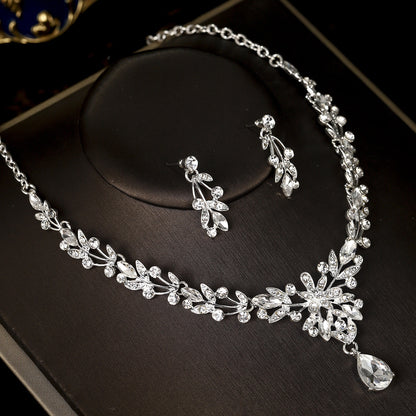 欧美新娘项链耳环套装复古水晶合金首饰搭配花朵水滴满钻礼服配饰