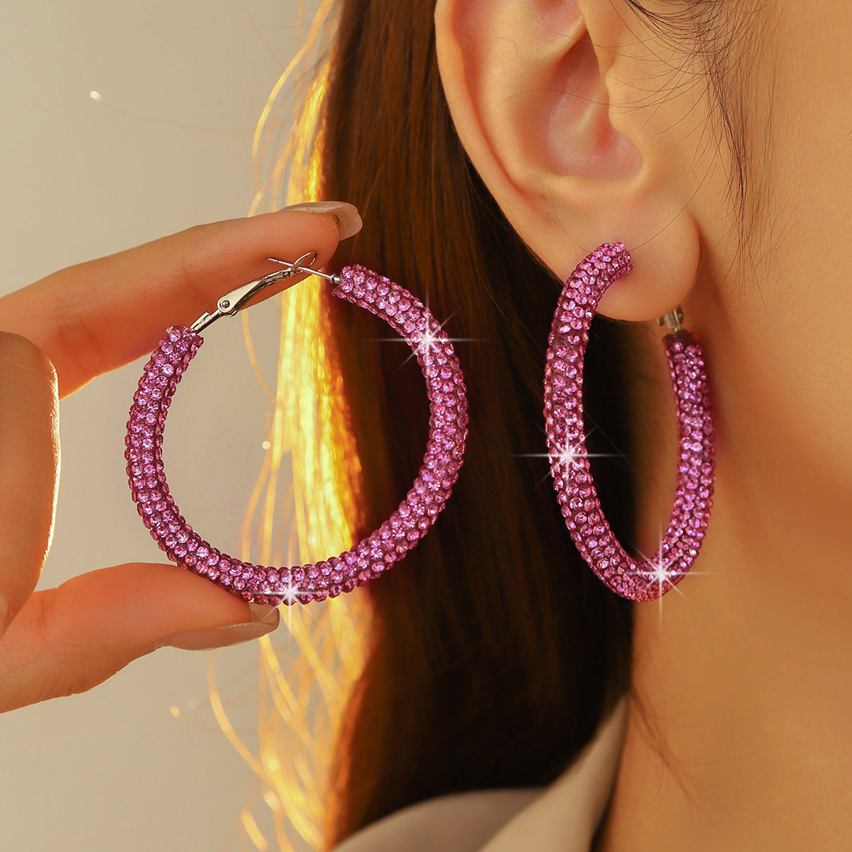 外贸热销 欧美夸张镶钻双排大圈街舞hiphop耳环耳圈 新娘耳饰批发