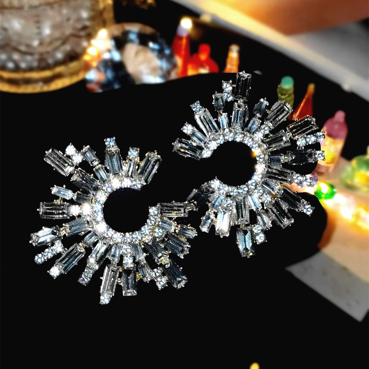 欧美跨境饰品 气质百搭彩色玻璃水钻C形耳环女 气质优雅雪花耳饰