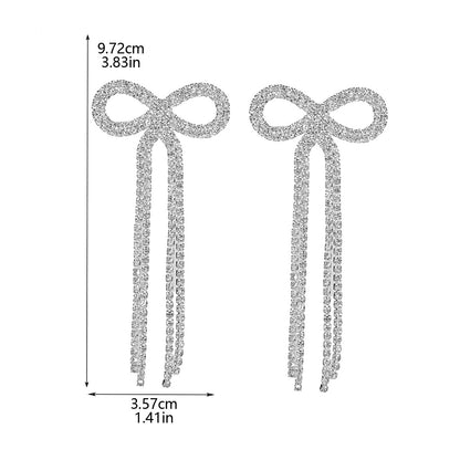 全铜 百搭蝴蝶结长款流苏耳环 时尚闪亮水钻耳钉无耳洞耳夹款