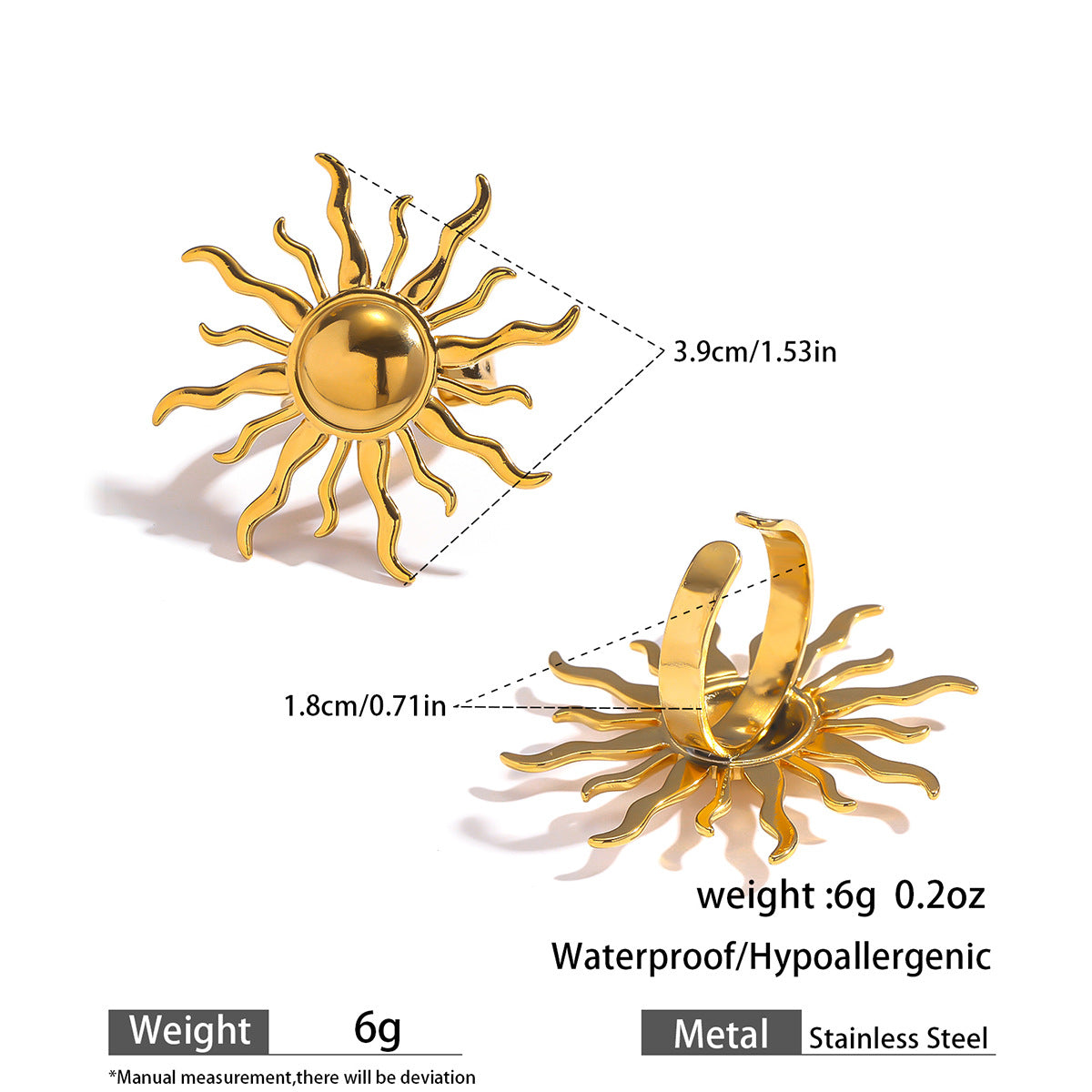 麦芽欧美跨境不锈钢钛钢太阳耳钉耳环开口戒指指环小众设计感饰品