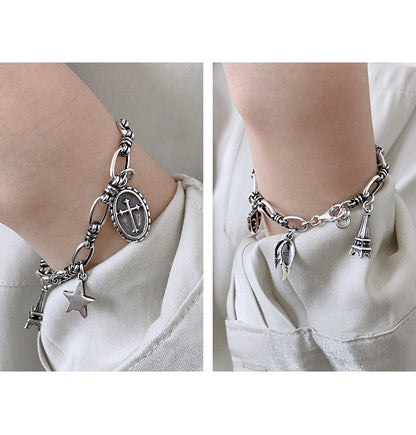 YHT013韩版S925纯银手链复古十字架盾牌翅膀铁塔五角星链条女手链