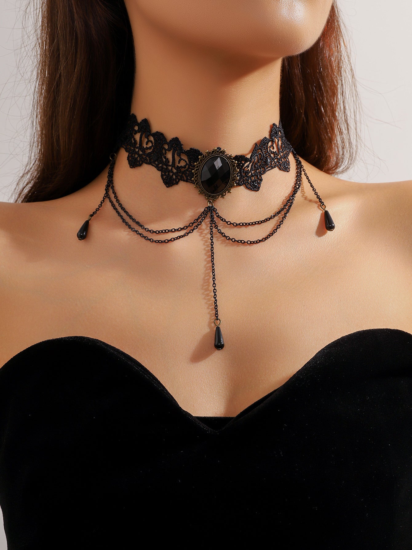 欧美跨境 复古黑色蕾丝玫瑰花项链手链戒指套装女 暗黑风颈链手饰