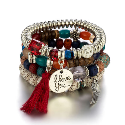 Boho Multi-Layer Stackable Beaded Stretch Bracelet, Bohemian Wrap Bracelet with Tassel & "I Love You" Charm