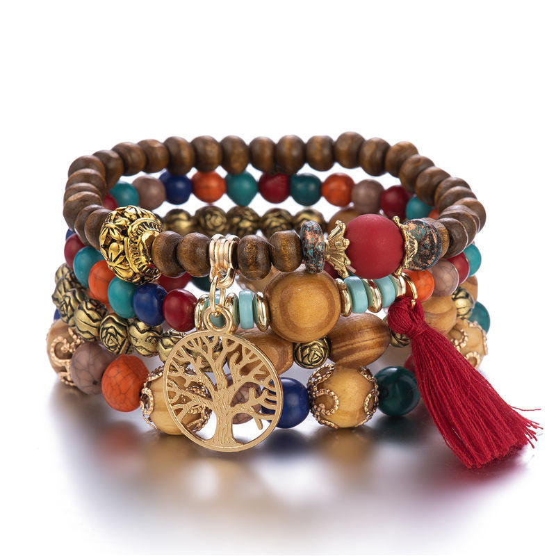 Boho Multi-Layer Stackable Beaded Stretch Bracelet, Bohemian Wrap Bracelet with Tassel & "I Love You" Charm