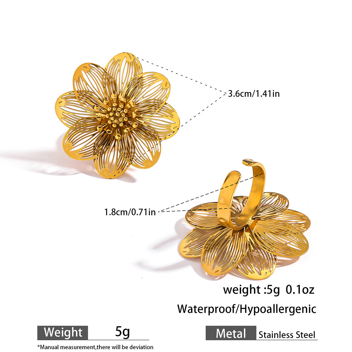 麦芽不锈钢不掉色花朵戒指女立体感开口设计指环夸张欧美跨境手饰
