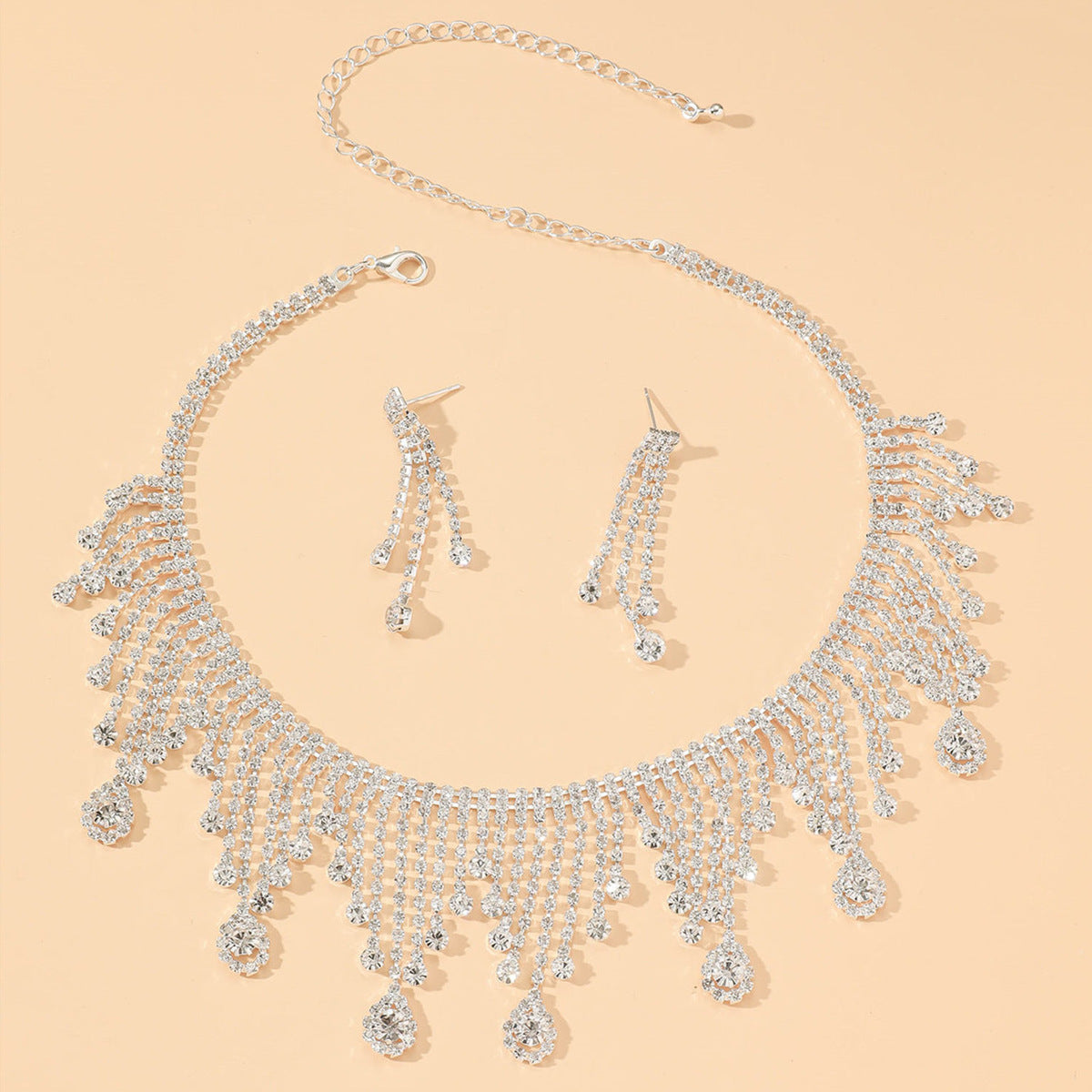 欧美热销新娘圆圈水钻套链婚纱配饰时尚水滴耳环项链套装水晶