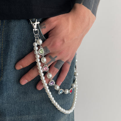 欧美跨境设计感仿珍珠小花链条裤链 嘻哈彩色镶钻十字架腰链挂饰