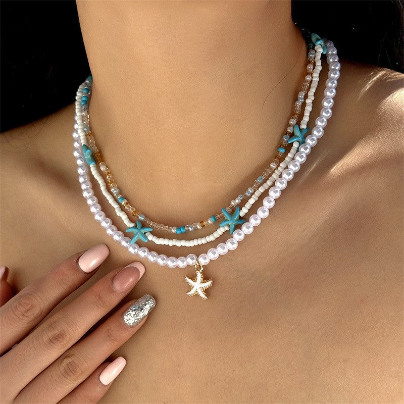 欧美夏季海洋度假海星贝壳海螺珍珠多层项链时尚夸张多层叠戴项链