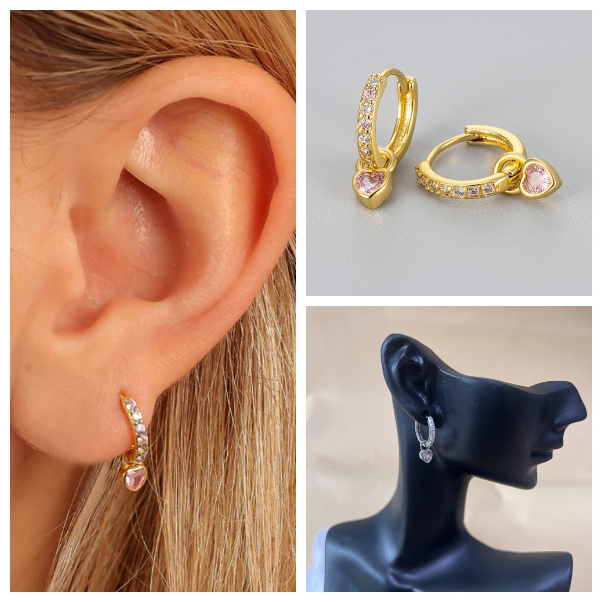 S925纯银针耳扣亚马逊跨境粉色心形吊坠耳环热卖环状耳环女士耳圈