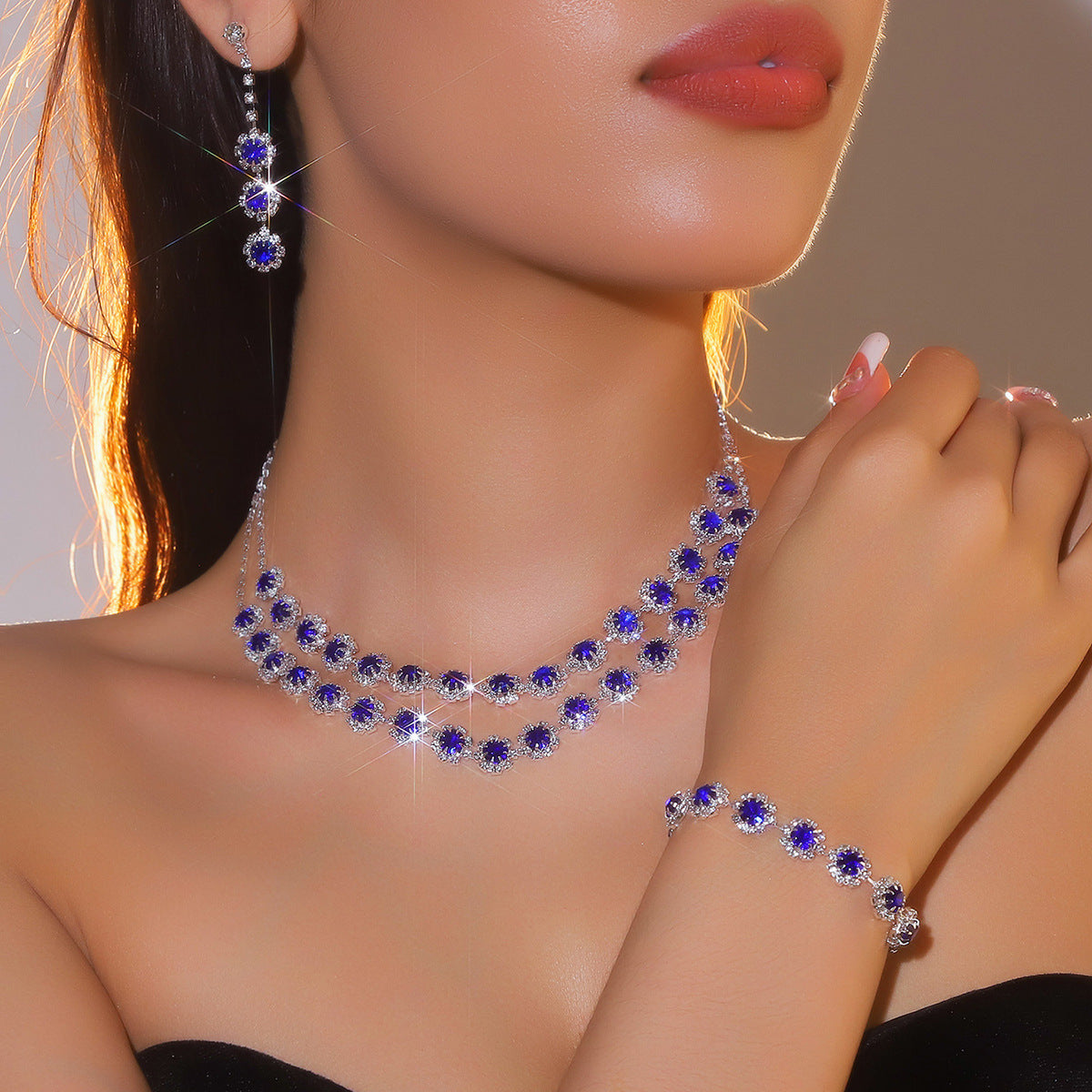 亚马逊爆款时尚闪亮水钻项链耳环手链套装 奢华气质项饰耳饰3件套