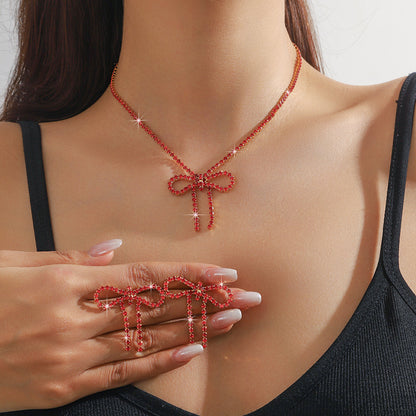 亚马逊爆款闪亮水钻蝴蝶结项链耳环套装 两件套走秀比赛项饰耳饰