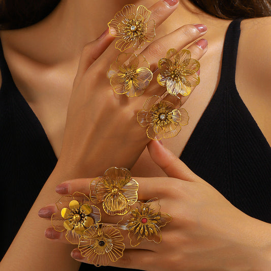 麦芽不锈钢不掉色花朵戒指女立体感开口设计指环夸张欧美跨境手饰