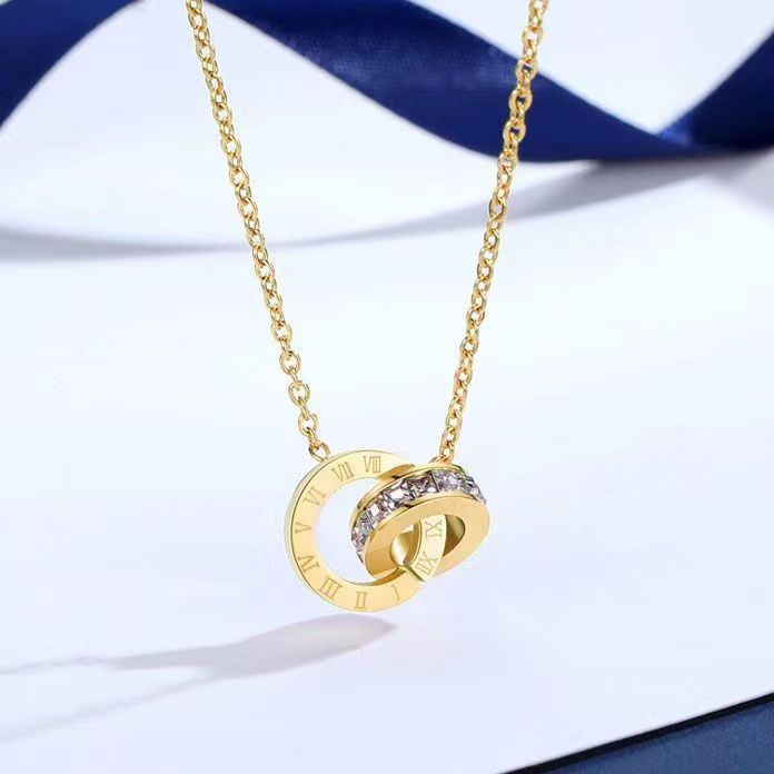 Interlocking Roman Numeral Necklace: 18K Gold-Plated Titanium Necklace with Diamonds for Women
