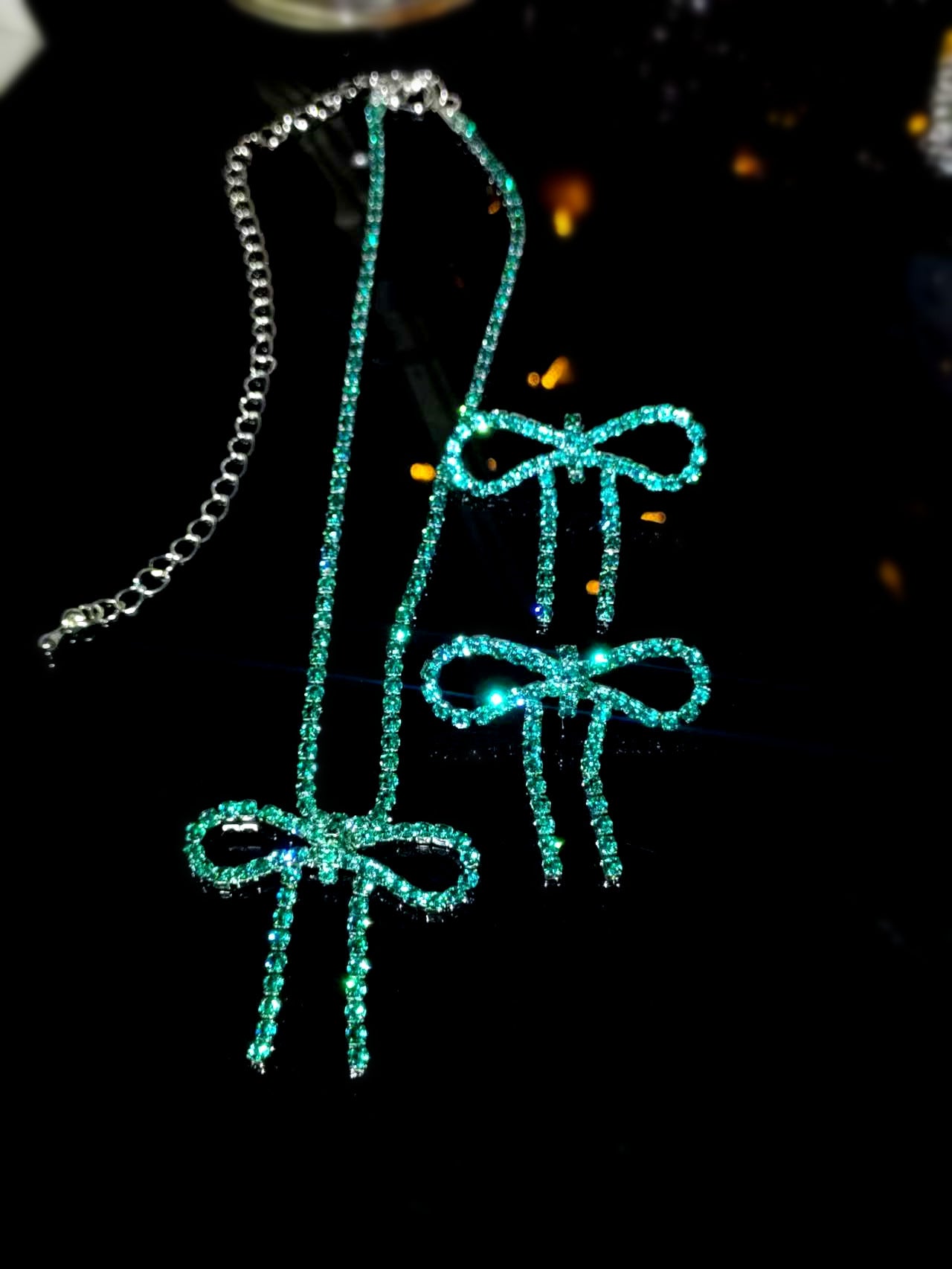 亚马逊爆款闪亮水钻蝴蝶结项链耳环套装 两件套走秀比赛项饰耳饰