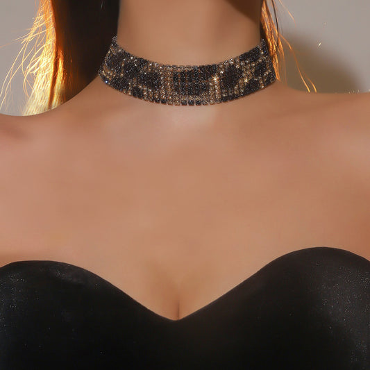 欧美跨境 8排高档奢华满钻豹纹项链锁骨链女 高级感网红项圈项饰