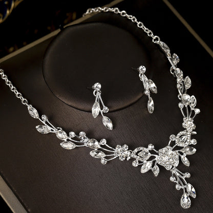 欧美新娘项链耳环套装复古水晶合金首饰搭配花朵水滴满钻礼服配饰