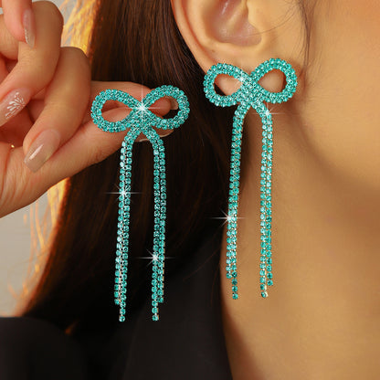 全铜 百搭蝴蝶结长款流苏耳环 时尚闪亮水钻耳钉无耳洞耳夹款