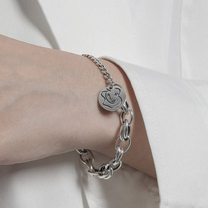 SLB0013韩版ins小众设计复古做旧质感头像圆牌OT扣S925纯银手链女