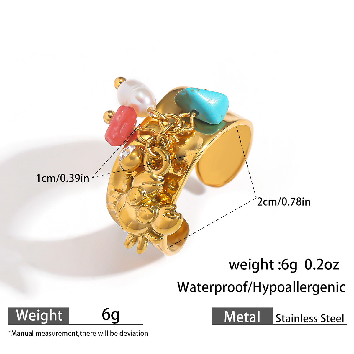 麦芽欧美不锈钢度假风开口戒指海螺海星贝壳珍珠花樱桃指环手饰品