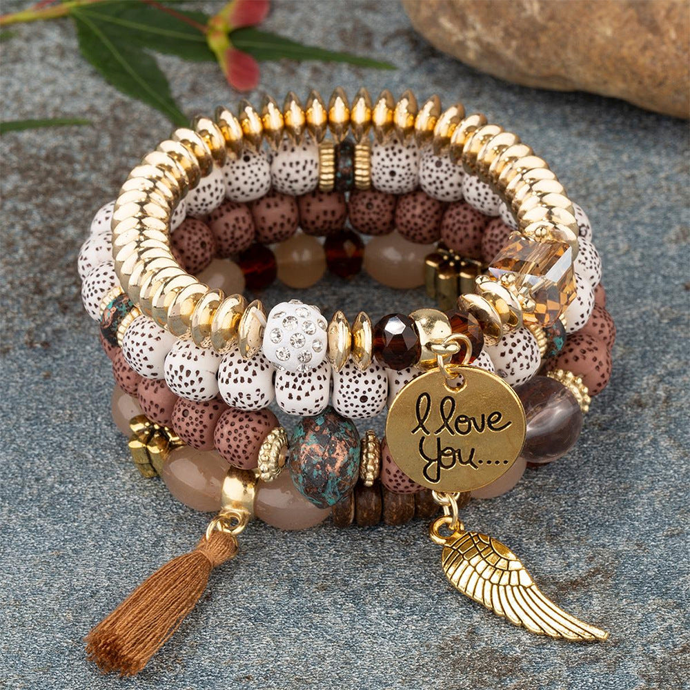 Boho Multi-Layer Stackable Beaded Stretch Bracelet, Bohemian Wrap Bracelet with Tassel & "I Love You" Charm