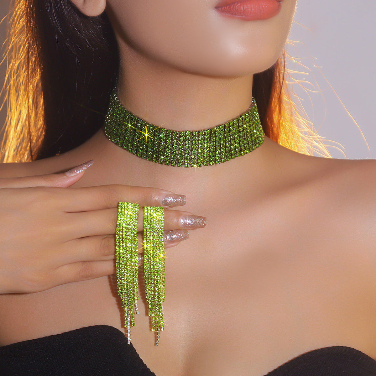 欧美跨境 奢华闪亮项链耳环两件套 豹纹新娘水钻首饰套装颈链饰品