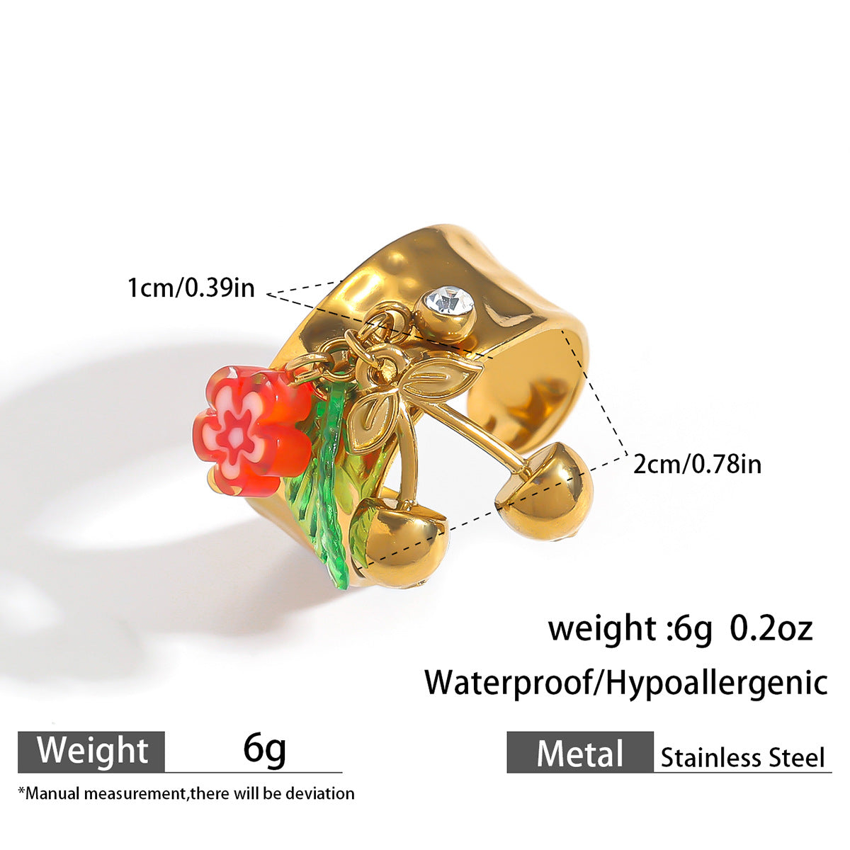 麦芽欧美不锈钢度假风开口戒指海螺海星贝壳珍珠花樱桃指环手饰品