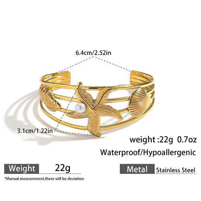 麦芽欧美不锈钢海洋风手镯海星海螺珊瑚花朵手环天然石镯子手饰品