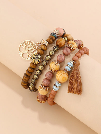 Bohemian Style Beaded Bracelet, Tassel Tree of Life Fashion Pendant, Wooden Bead Elastic Multilayer Bracelet