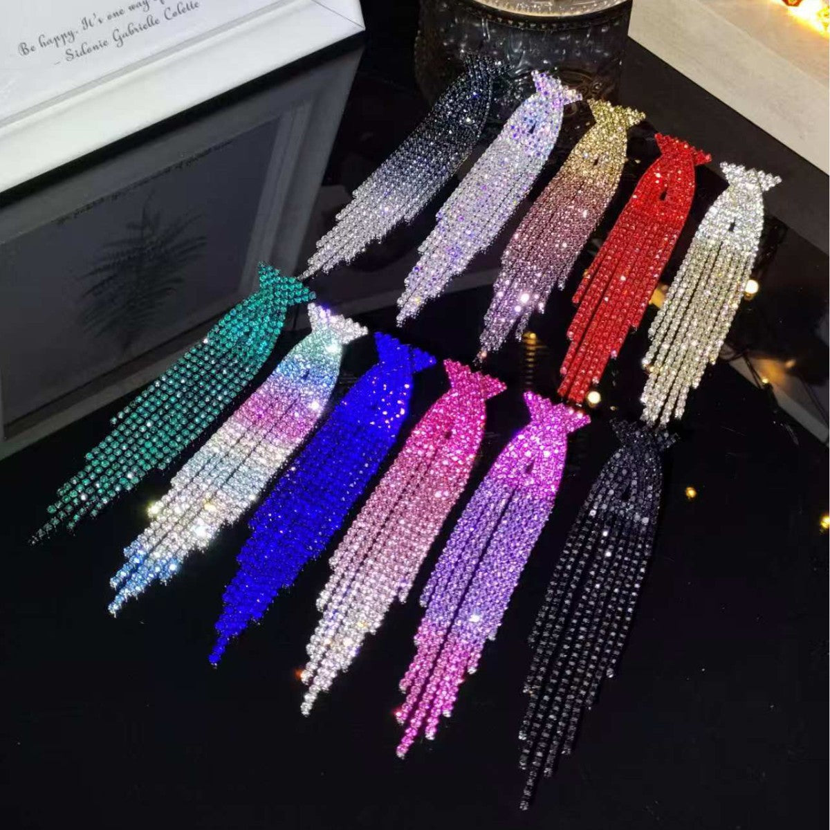 欧美时尚重工款满钻半圆蓝流苏水钻长耳线耳坠气质耳环交叉水钻耳