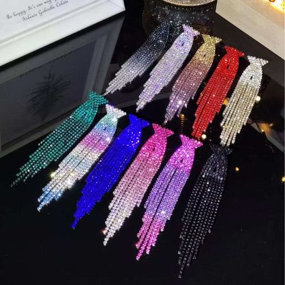 欧美时尚重工款满钻半圆蓝流苏水钻长耳线耳坠气质耳环交叉水钻耳