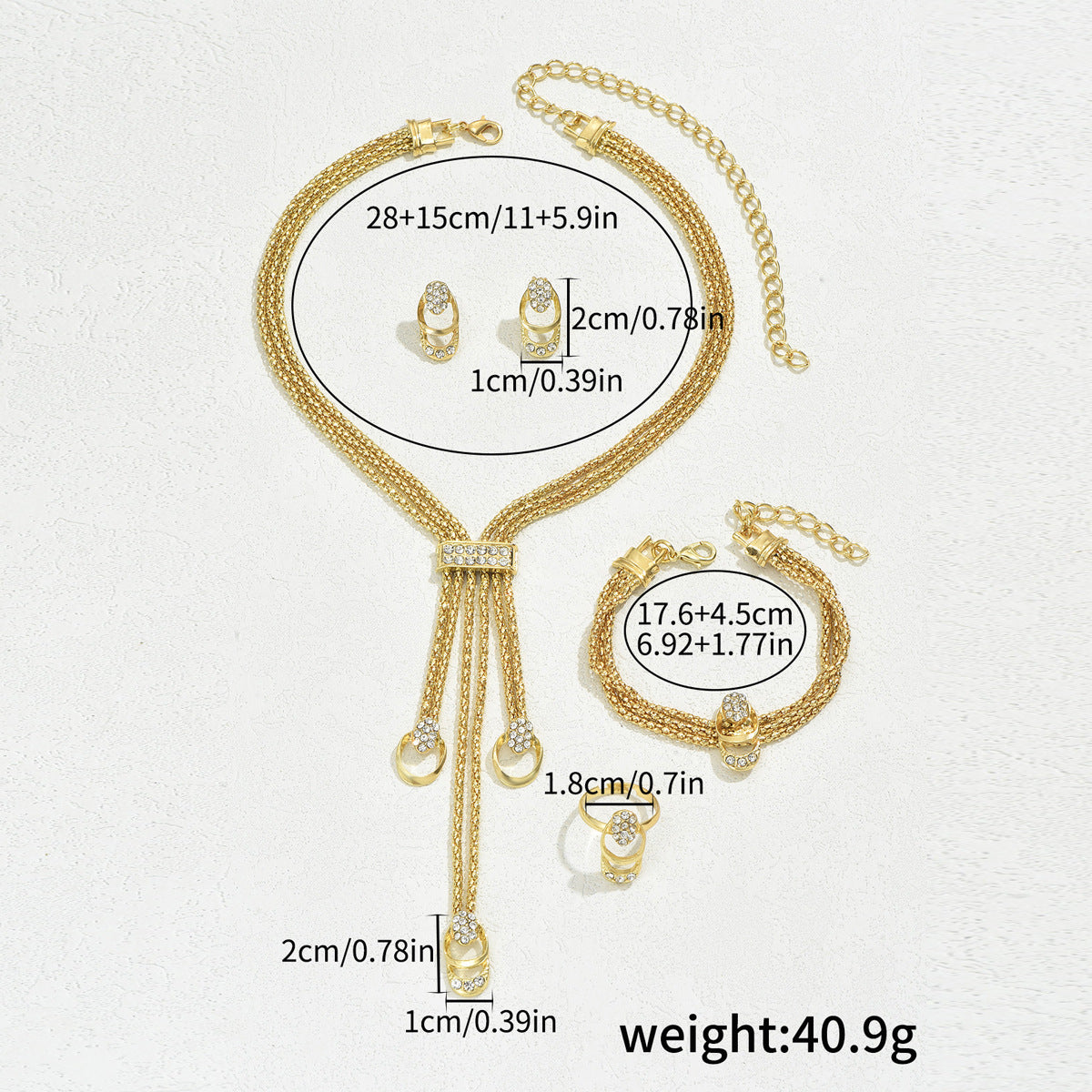 跨境新款简约清新项链耳环套装镶嵌钻石小众设计锁骨链百搭食指戒