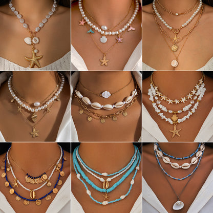 欧美跨境饰品 沙滩串珠项链仿珍珠项饰 海星贝壳复古度假necklace