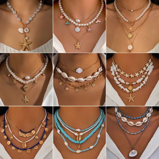 欧美跨境饰品 沙滩串珠项链仿珍珠项饰 海星贝壳复古度假necklace