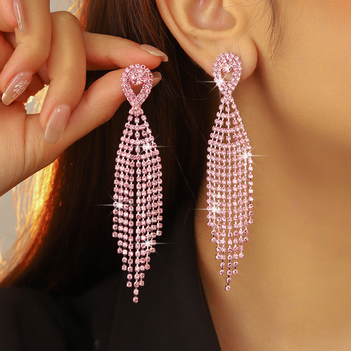 亚马逊爆款  时尚长款流苏耳环女 水钻耳环镶钻耳钉耳饰 全铜材质