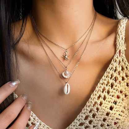 欧美夏季海洋度假海星贝壳海螺珍珠多层项链时尚夸张多层叠戴项链