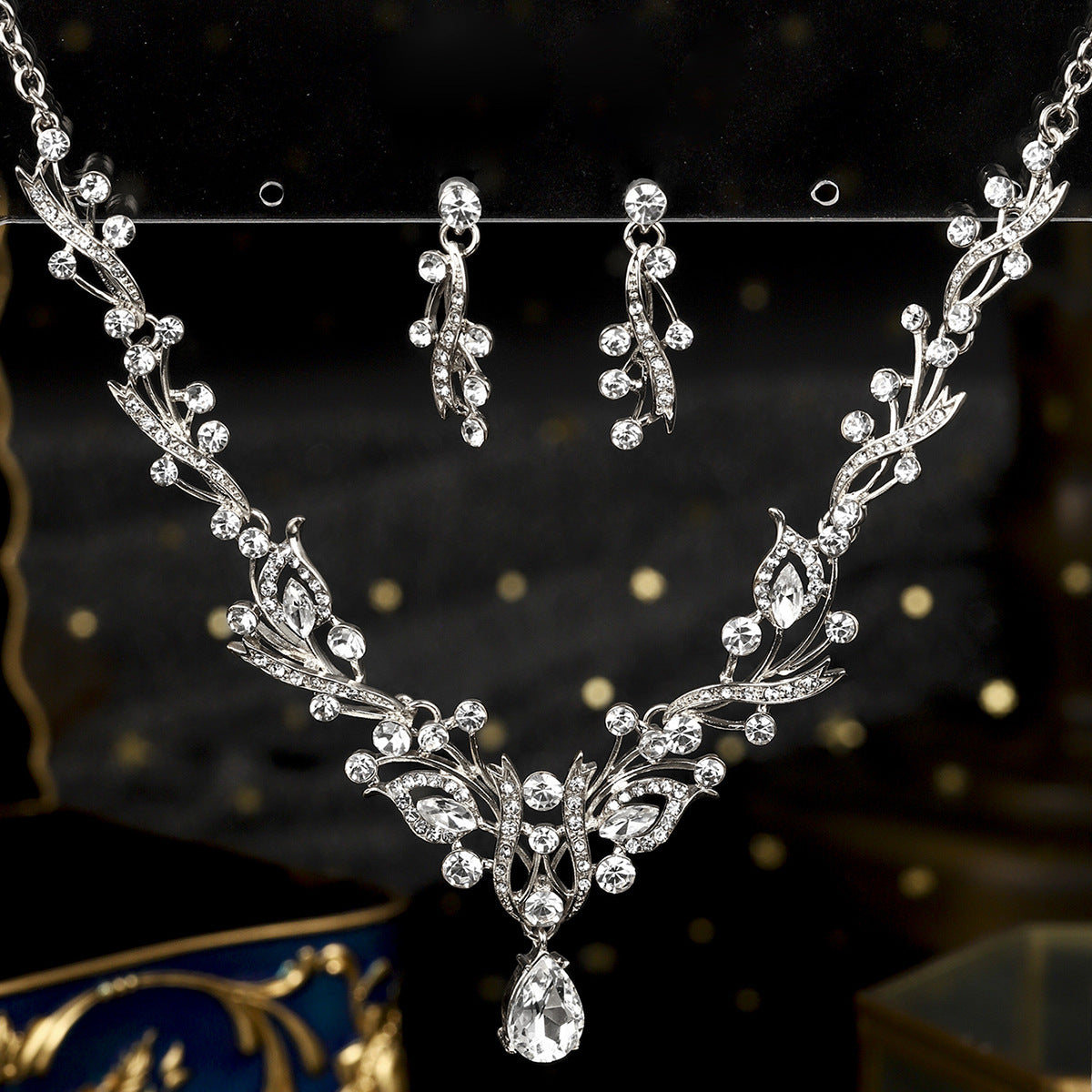 欧美新娘项链耳环套装复古水晶合金首饰搭配花朵水滴满钻礼服配饰
