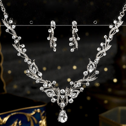 欧美新娘项链耳环套装复古水晶合金首饰搭配花朵水滴满钻礼服配饰