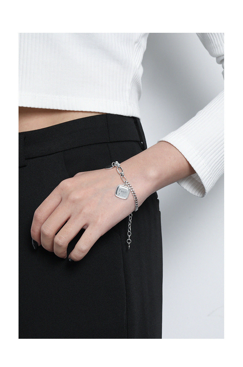 005韩版INS小众设计感复古做旧吊牌麻花链条质感S925纯银手链女