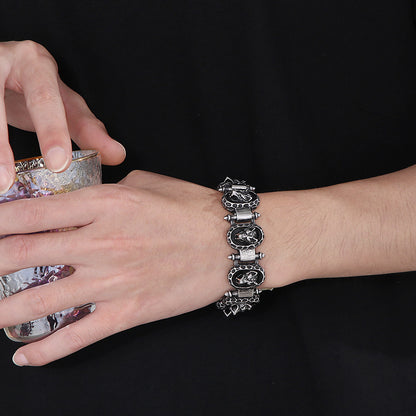 复古做旧捶打纹圆牌机车手环 朋克风霸气钛钢钉子狼头男士手链