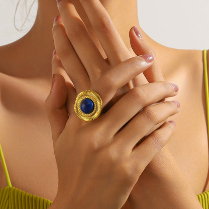 麦芽欧美复古宫廷风天然石戒指开口设计圆形荷叶指环轻奢小众手饰