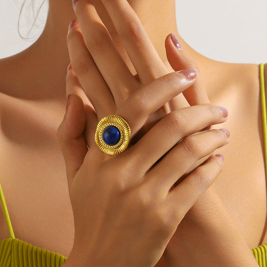 麦芽欧美复古宫廷风天然石戒指开口设计圆形荷叶指环轻奢小众手饰