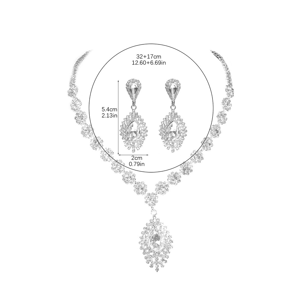 全铜 奢华闪亮水钻项链耳环套装 高级感气质项饰耳饰新娘首饰