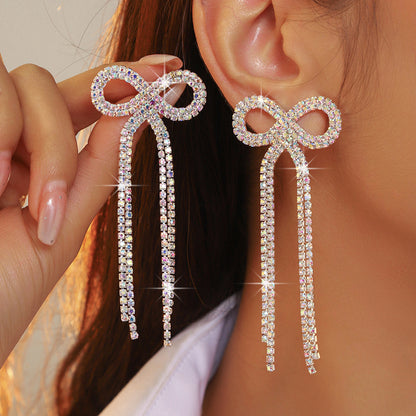 全铜 百搭蝴蝶结长款流苏耳环 时尚闪亮水钻耳钉无耳洞耳夹款